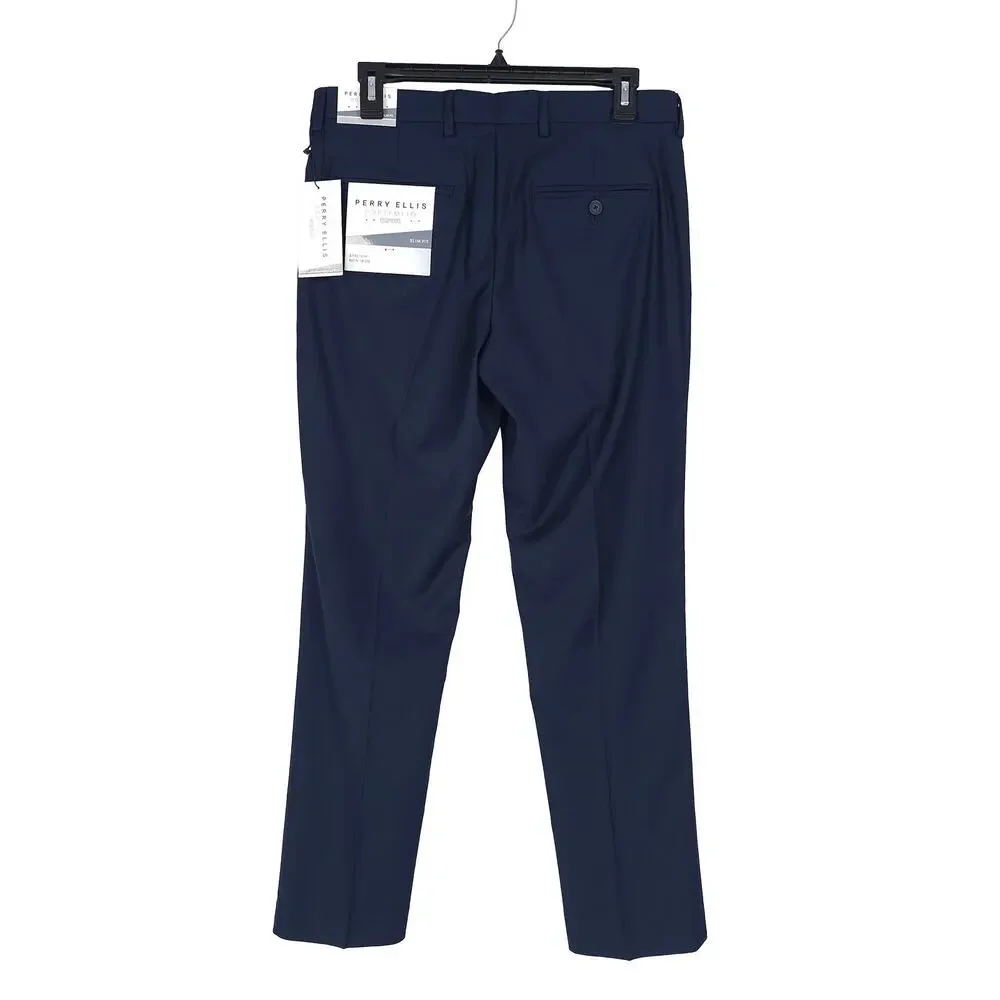 Perry Ellis Mens Slim Fit Dress Pants 34x30 Eclipse Blue Stretch Micro Twill NWT